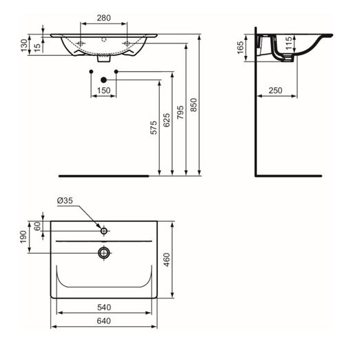 IDEAL STANDARD CONNECT AIR umývadlo 64 cm, s otvorom pre batériu a prepadom, matná čierna E0289V3 Technický nákres