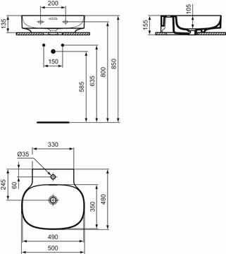 IDEAL STANDARD LINDA-X umývadlo 50 cm, s otvorom pre batériu a prepadom T475301 Technický nákres