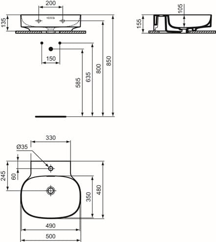 IDEAL STANDARD LINDA-X umývadlo 50 cm, s otvorom pre batériu a prepadom T475301 Technický nákres