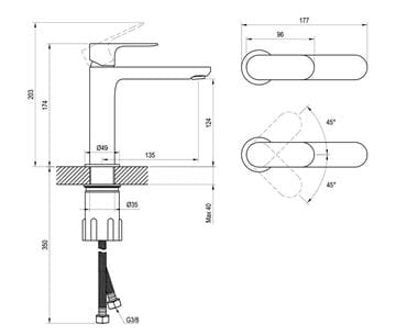 RAVAK ELEGANTA umývadlová stojanková batéria, EcoFlow, matná biela X070253 Technický nákres