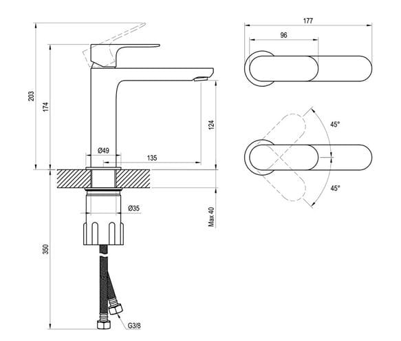 RAVAK ELEGANTA umývadlová stojanková batéria, EcoFlow, matná biela X070253 Technický nákres