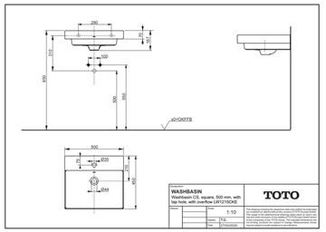 TOTO CS umývadlo 50 cm, s otvorom pre batériu a prepadom LW1215CKE Technický nákres