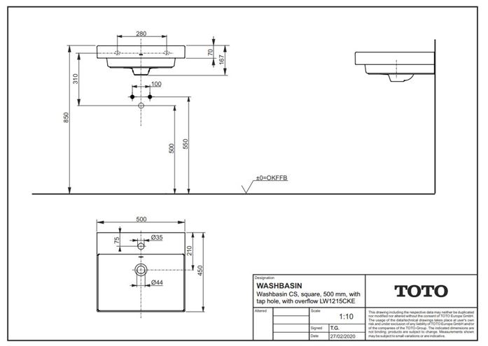TOTO CS umývadlo 50 cm, s otvorom pre batériu a prepadom LW1215CKE Technický nákres