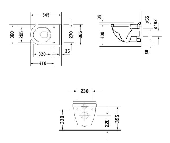 DURAVIT STARCK 3 závesné WC 2206090000 Technický nákres