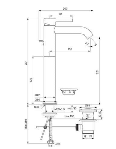 IDEAL STANDARD CERALINE umývadlová stojanková batéria, s odtokovou súpravou, matná čierna BC194XG Technický nákres
