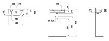 LAUFEN LUA umývadlo 50 cm, s otvorom pre batériu vľavo, s prepadom H8150820001051 Technický nákres