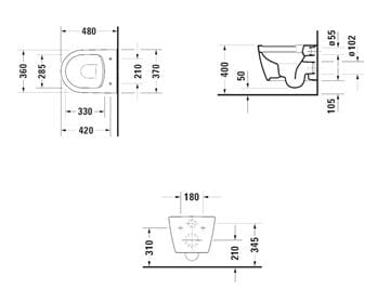 DURAVIT ME BY STARCK závesné WC, Rimless splachovanie 2530090000 Technický nákres