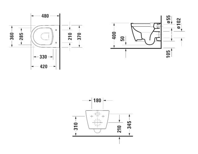 DURAVIT ME BY STARCK závesné WC, Rimless splachovanie 2530090000 Technický nákres