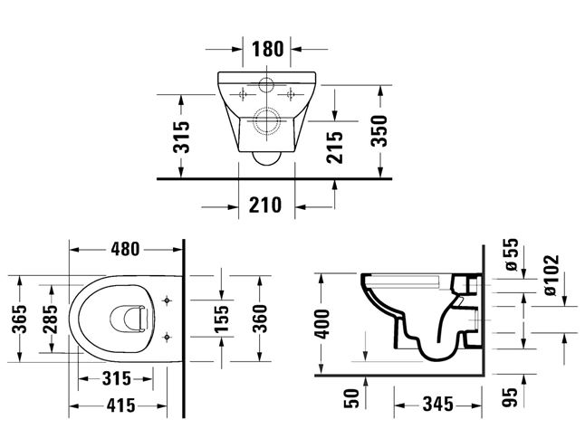 DURAVIT NO.1 závesné WC, Rimless splachovanie 25750900002 Technický nákres