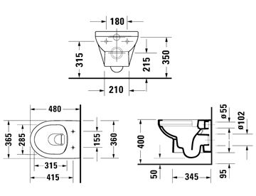 DURAVIT NO.1 závesné WC, Rimless splachovanie 25750900002 Technický nákres