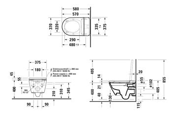 DURAVIT SENSOWASH D-NEO závesné WC compact, s bidetovým SoftClose sedadlom, Rimless splachovanie, HygieneGlaze 654000012004300 Technický nákres