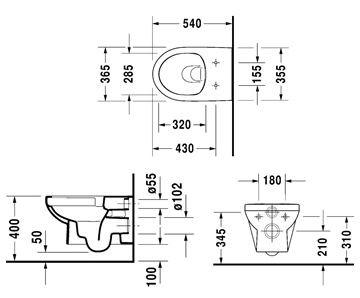 DURAVIT NO.1 závesné WC, Rimless splachovanie 25620900002 Technický nákres