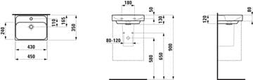 LAUFEN MEDA umývadielko 45 cm, s otvorom pre batériu a prepadom H8151110001041 Technický nákres