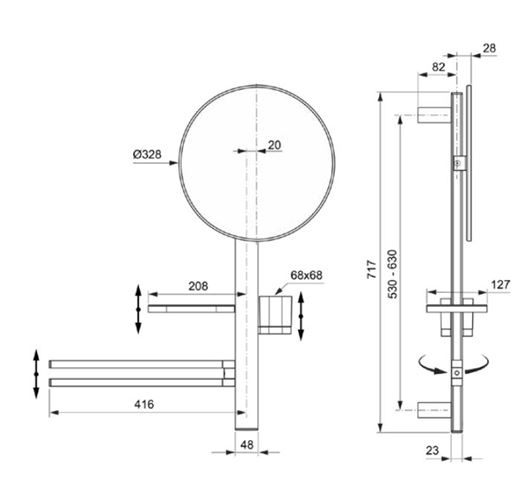 IDEAL STANDARD ALU+ kozmetické zrkadlo 328 mm, s kúpeľňovými doplnkami, rosé BD588RO Technický nákres
