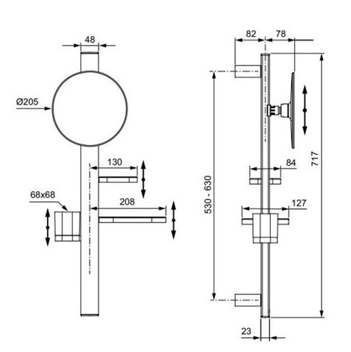 IDEAL STANDARD ALU+ kozmetické zrkadlo 205 mm, s kúpeľňovými doplnkami, rosé BD589RO Technický nákres