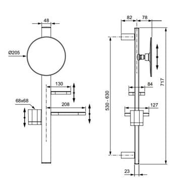 IDEAL STANDARD ALU+ kozmetické zrkadlo 205 mm, s kúpeľňovými doplnkami, rosé BD589RO Technický nákres