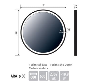 BEMETA ARA zrkadlo 60 cm, s osvetlením 198411081 Technický nákres