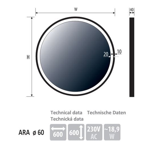 BEMETA ARA zrkadlo 60 cm, s osvetlením 198411081 Technický nákres