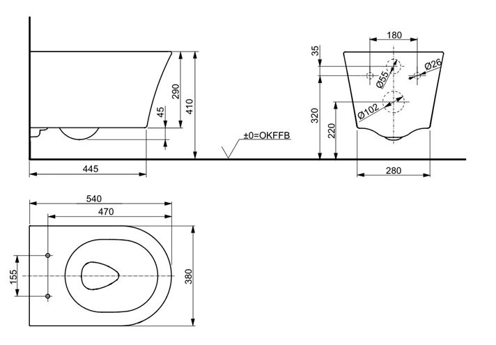 TOTO GP závesné WC, Rimless splachovanie CW553Y Technický nákres