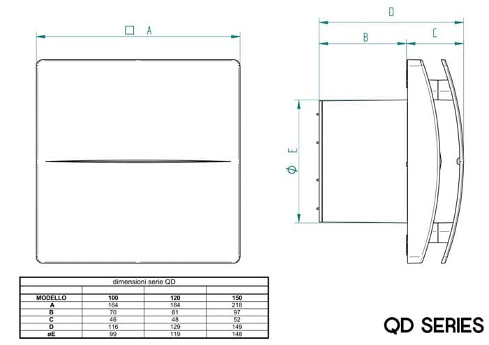 AERAULIQA QD100TBB axiálny ventilátor 100 mm, nástenný/stropný/do okna, s časovačom a spätnou klapkou PQD0001Q Technický nákres