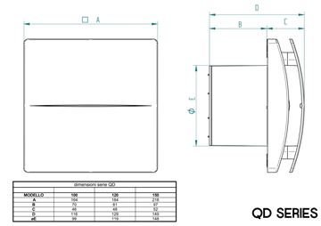 AERAULIQA QD100TBB axiálny ventilátor 100 mm, nástenný/stropný/do okna, s časovačom a spätnou klapkou PQD0001Q Technický nákres