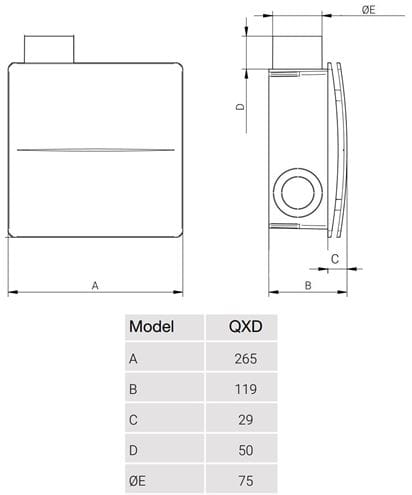 AERAULIQA QXD T radiálny ventilátor 75 mm, nástenný/stropný, s časovačom a spätnou klapkou 004646 Technický nákres