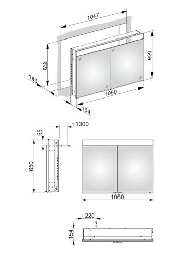 KEUCO EDITION 400 zrkadlová skrinka vstavaná 106x65x15, 4 cm, osvetlenie, s vypínačom a el. zásuvkou, hliník, strieborná 21512171311 Technický nákres