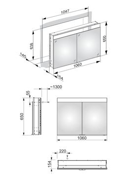 KEUCO EDITION 400 zrkadlová skrinka vstavaná 106x65x15, 4 cm, osvetlenie, s vypínačom a el. zásuvkou, hliník, strieborná 21512171311 Technický nákres