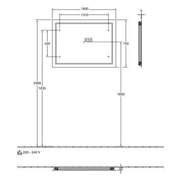 VILLEROY & BOCH FINION zrkadlo 160x75 cm, s osvetlením, s reguláciou teploty svetla F6001600 Technický nákres