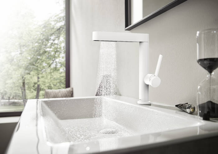 HANSGROHE FINORIS umývadlová stojanková batéria, s vyťahovacou sprškou a odtokovou súpravou, EcoSmart, matná biela 76063700 Obrázek - fotka