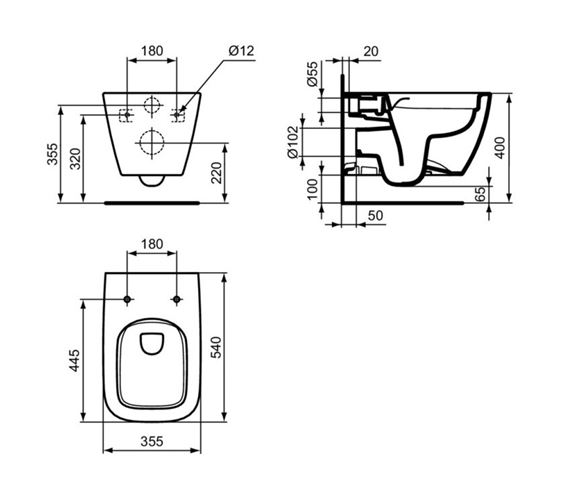 IDEAL STANDARD I.LIFE B závesné WC, Rimless splachovanie, lesklá šedá T461458 Technický nákres
