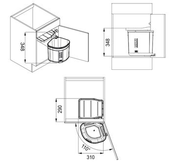 FRANKE SORTER MINI odpadkový kôš na triedený odpad 17,5 l, vstavaný 121.0176.518 Technický nákres