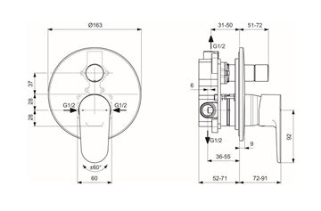 IDEAL STANDARD CERAFINE O vaňová podomietková batéria, s prepínačom, s telesom, ružové zlato A7193RO Technický nákres