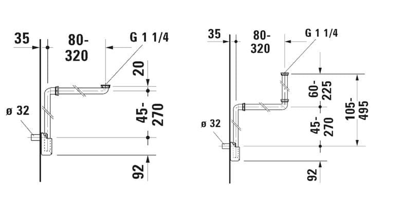 DURAVIT nábytkový sifón k umývadlu DN32, s prevlečnou maticou 5/4 0050760000 Technický nákres