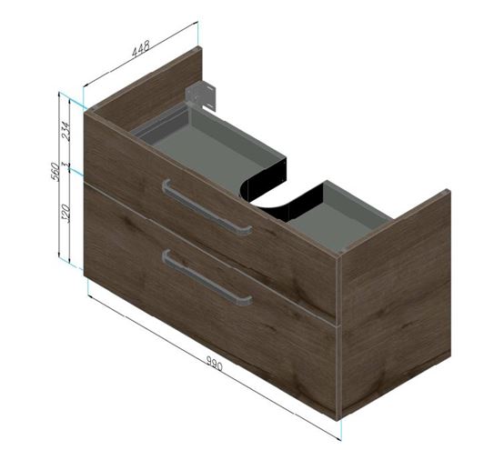 DŘEVOJAS PROJECT SZZ2 100 skrinka pod umývadlo 99x44,8x56 cm, 2 zásuvky, úchytka chróm lesk, biela lesk/biela vysoký lesk 416553-T04 Technický nákres
