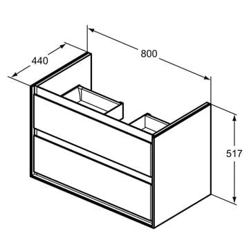 IDEAL STANDARD CONNECT AIR 2 skrinka pod umývadlo 80x44x51, 7 cm, 2 zásuvky, matná čierna / vlašský orech R0474NE Technický nákres