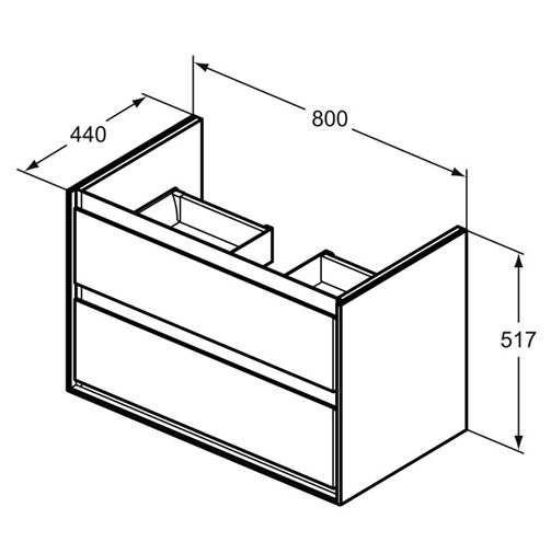 IDEAL STANDARD CONNECT AIR 2 skrinka pod umývadlo 80x44x51, 7 cm, 2 zásuvky, matná čierna / vlašský orech R0474NE Technický nákres