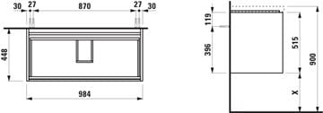 LAUFEN LANI skrinka pod dvojumývadlo 98,4x44,8x51,5 cm, 2 zásuvky, s organizérom, divoký dub H4035621122671 Technický nákres
