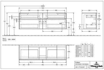 VILLEROY & BOCH COLLARO skrinka pod umývadlo 160x54,8x50 cm, 4 zásuvky, s osvetlením, Oak Kansas C031B0RH Technický nákres