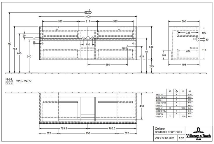 VILLEROY & BOCH COLLARO skrinka pod umývadlo 160x54,8x50 cm, 4 zásuvky, s osvetlením, Oak Kansas C031B0RH Technický nákres