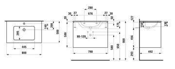 LAUFEN PRO S skrinka s umývadlom 80x50x61 cm, 2 zásuvky, Push-open, s organizérom, matná biela H8649612601041 Technický nákres