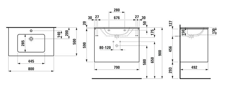 LAUFEN PRO S skrinka s umývadlom 80x50x61 cm, 2 zásuvky, Push-open, s organizérom, matná biela H8649612601041 Technický nákres