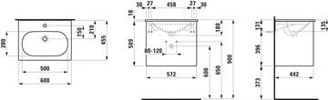 LAUFEN LUA skrinka s umývadlom 60x45,5x52,5 cm, 2 zásuvky, matná biela H8600832601041 Technický nákres