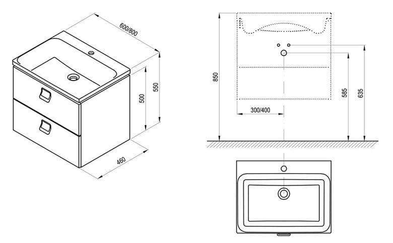RAVAK SD COMFORT skrinka pod umývadlo 60x46x50 cm, 2 zásuvky, lesklá biela X000001377 Technický nákres