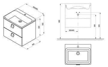 RAVAK SD COMFORT skrinka pod umývadlo 60x46x50 cm, 2 zásuvky, lesklá biela X000001377 Technický nákres