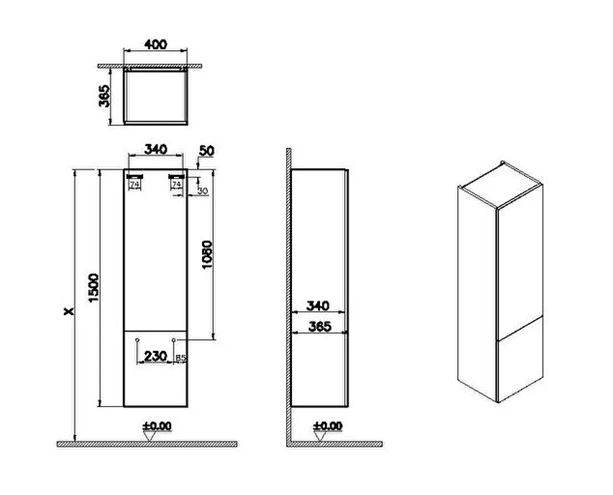 VITRA METROPOLE PURE vysoká skrinka 40x36, 5x150 cm, 2 dvierka, pánty vľavo, Push-open, matná svetlo šedá 67219 Technický nákres