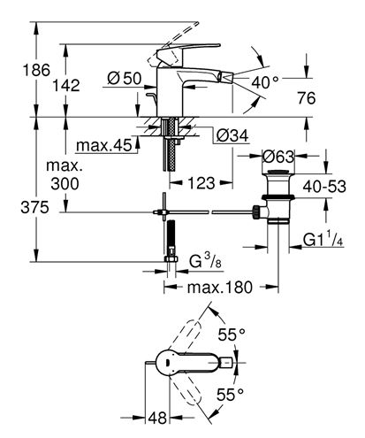 GROHE EUROSTYLE COSMOPOLITAN bidetová stojanková batéria, s odtokovou súpravou, Water Saving, chróm 33565002 Technický nákres