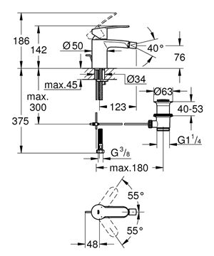 GROHE EUROSTYLE COSMOPOLITAN bidetová stojanková batéria, s odtokovou súpravou, Water Saving, chróm 33565002 Technický nákres