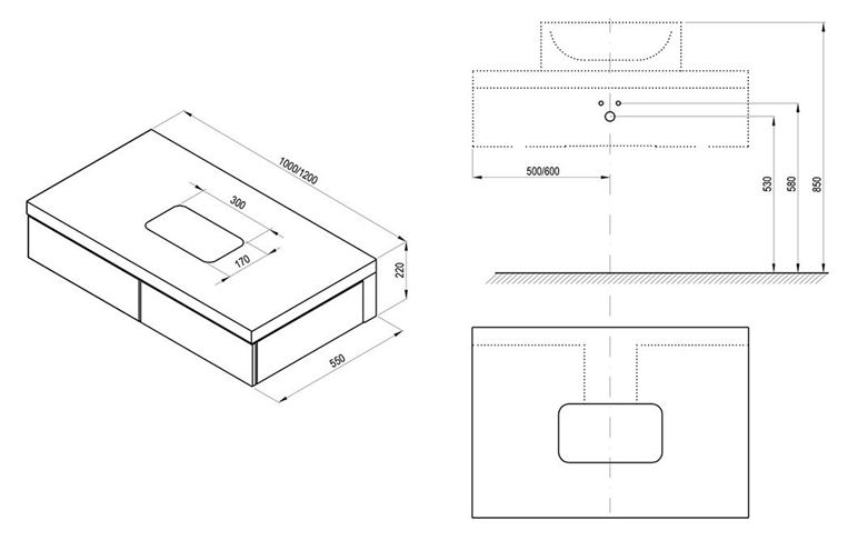 RAVAK FORMY skrinka pod umývadlo 100x55x22 cm, 2 zásuvky, Push-open, orech X000001036 Technický nákres
