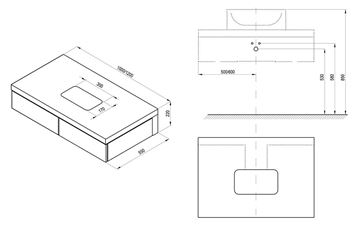 RAVAK FORMY skrinka pod umývadlo 100x55x22 cm, 2 zásuvky, Push-open, orech X000001036 Technický nákres